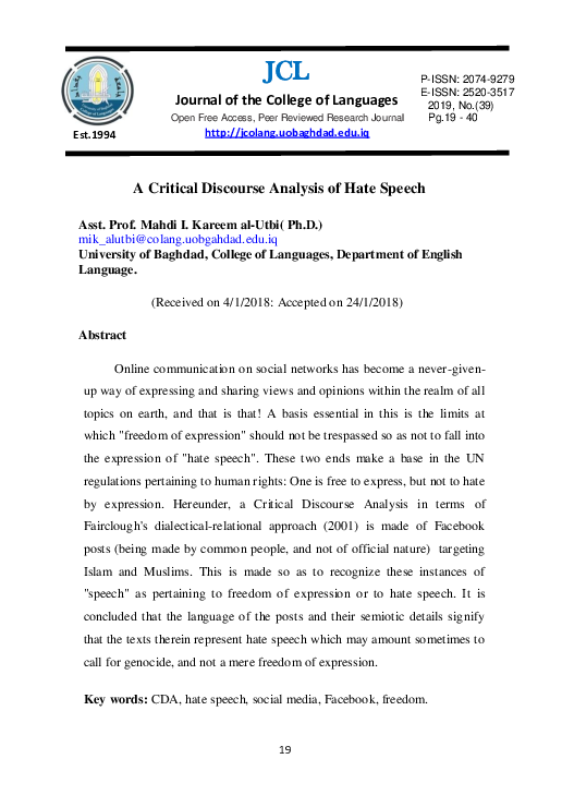 (PDF) A Critical Discourse Analysis of Hate Speech