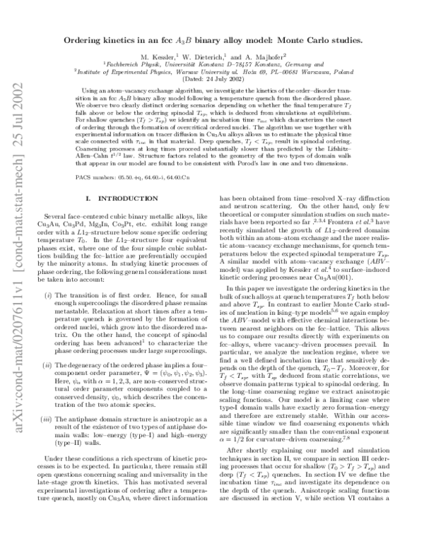 (PDF) Ordering kinetics in an fcc A 3 B binary alloy model: Monte Carlo ...