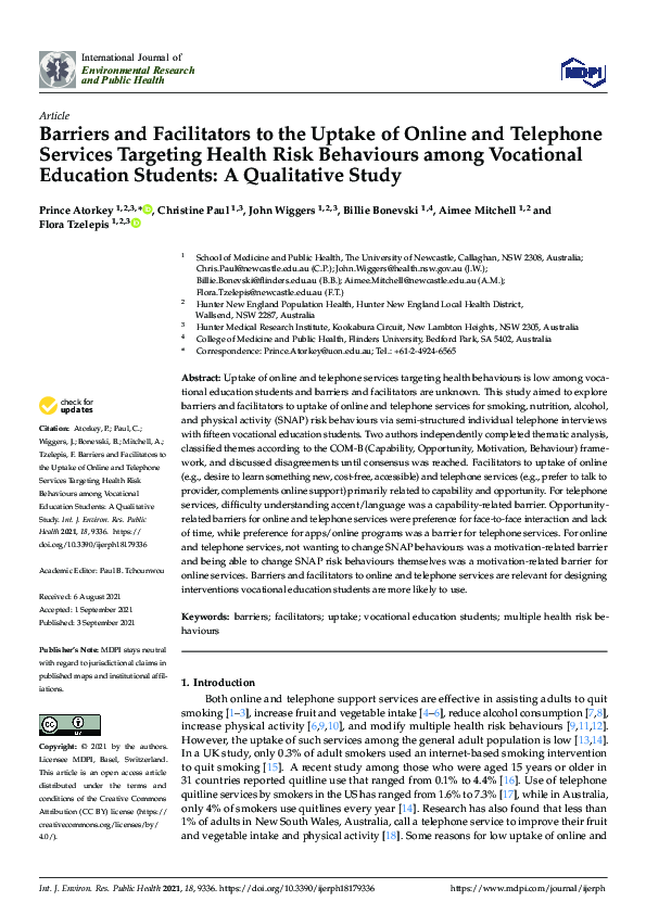 (PDF) Barriers and Facilitators to the Uptake of Online and Telephone ...