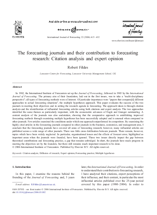 (PDF) The forecasting journals and their contribution to forecasting ...