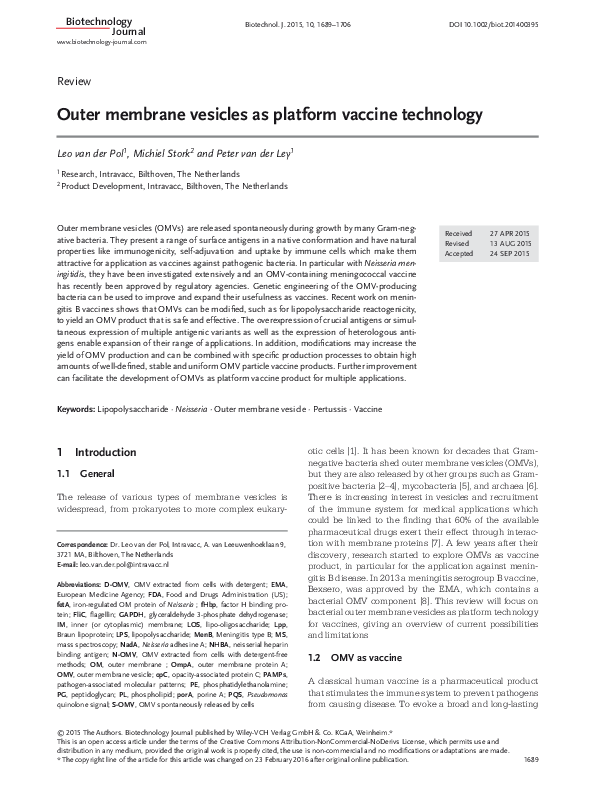 (PDF) Outer membrane vesicles as platform vaccine technology