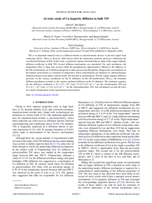 (PDF) Ab initiostudy of Cu impurity diffusion in bulk TiN