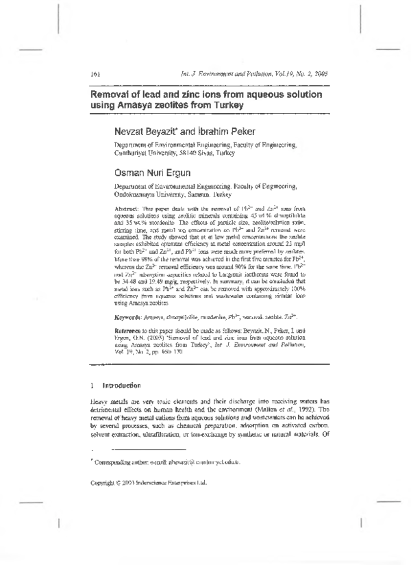 (PDF) Removal of lead and zinc ions from aqueous solution using Amasya ...
