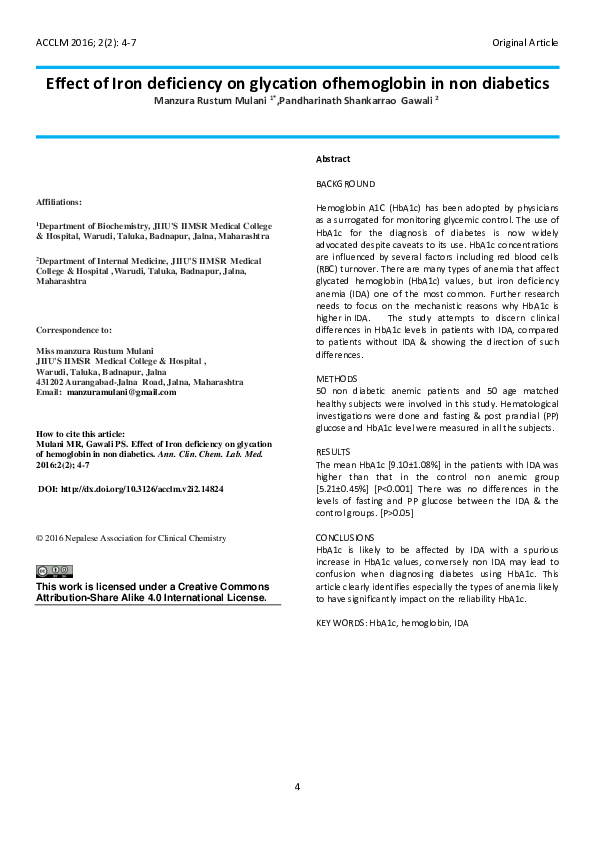 (PDF) Effect of Iron deficiency on glycation of hemoglobin in non diabetics