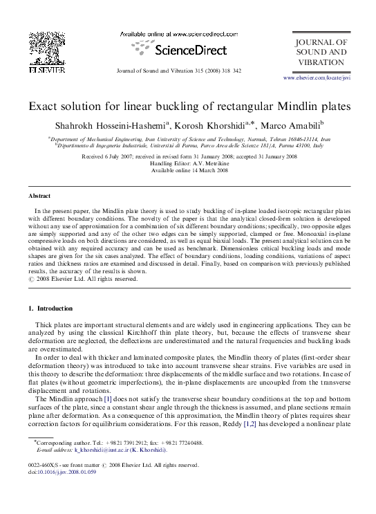 (PDF) Exact solution for linear buckling of rectangular Mindlin plates