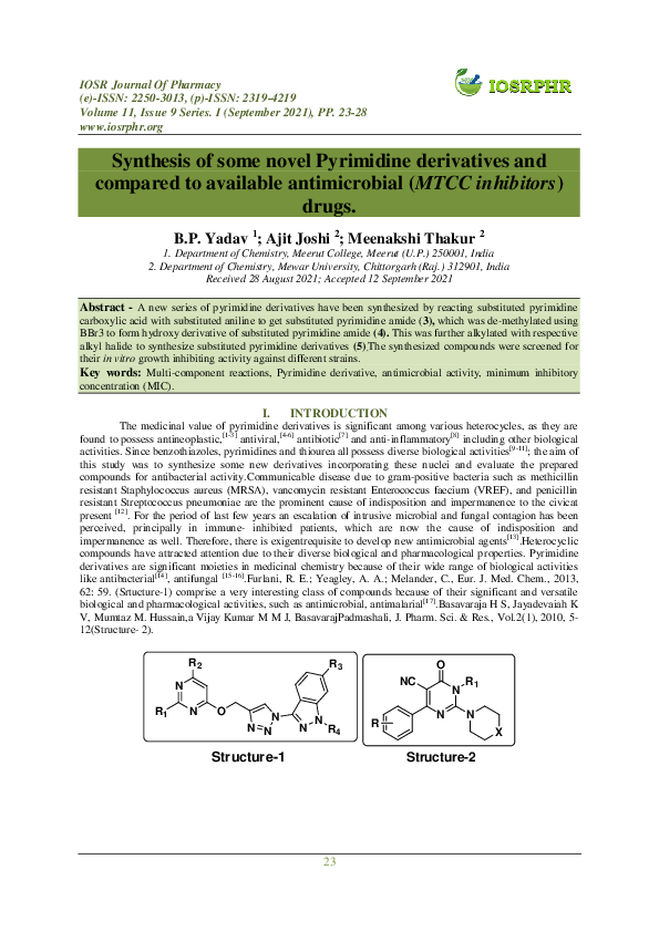 (PDF) Synthesis of some novel Pyrimidine derivatives and compared to ...
