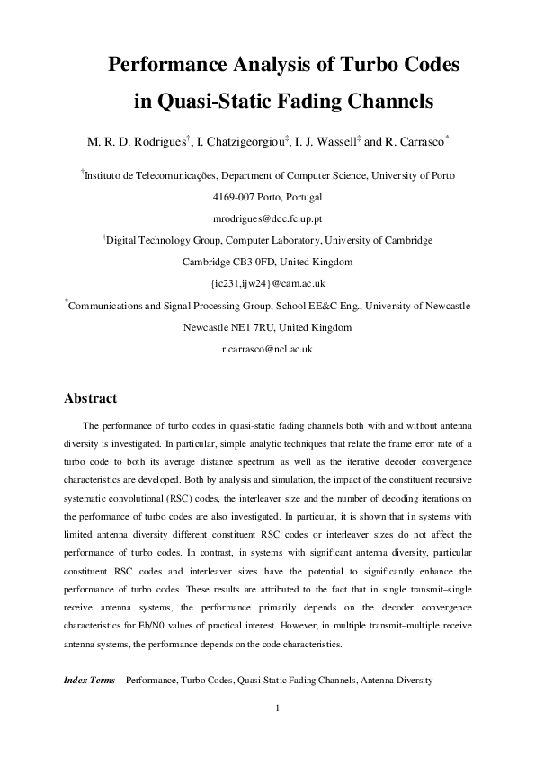 (PDF) Performance analysis of turbo codes in quasi-static fading channels