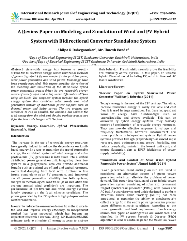 (PDF) IRJET - A Review Paper on Modeling and Simulation of Wind and PV ...