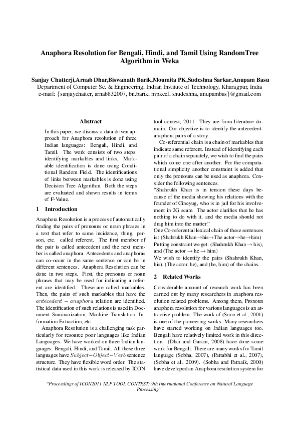 (PDF) Anaphora resolution for bengali, hindi, and tamil using random ...