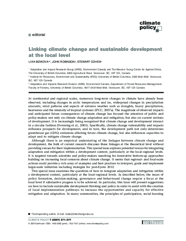 (PDF) Linking climate change and sustainable development at the local level