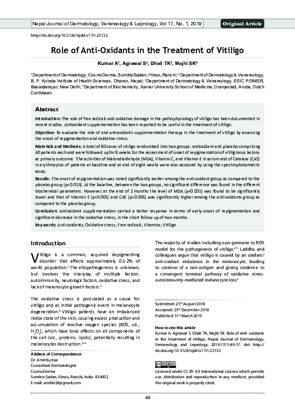 (PDF) Role of Anti-oxidants in the Treatment of Vitiligo