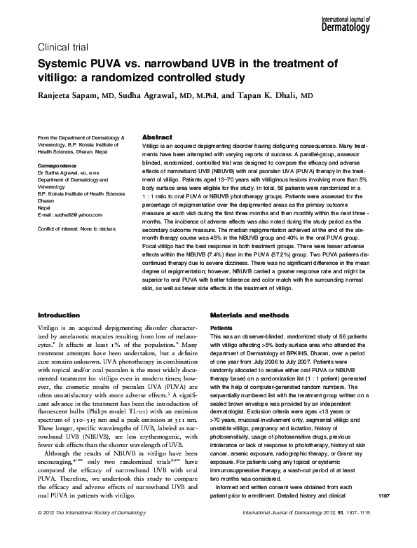 (PDF) Systemic PUVA vs. narrowband UVB in the treatment of vitiligo: a ...