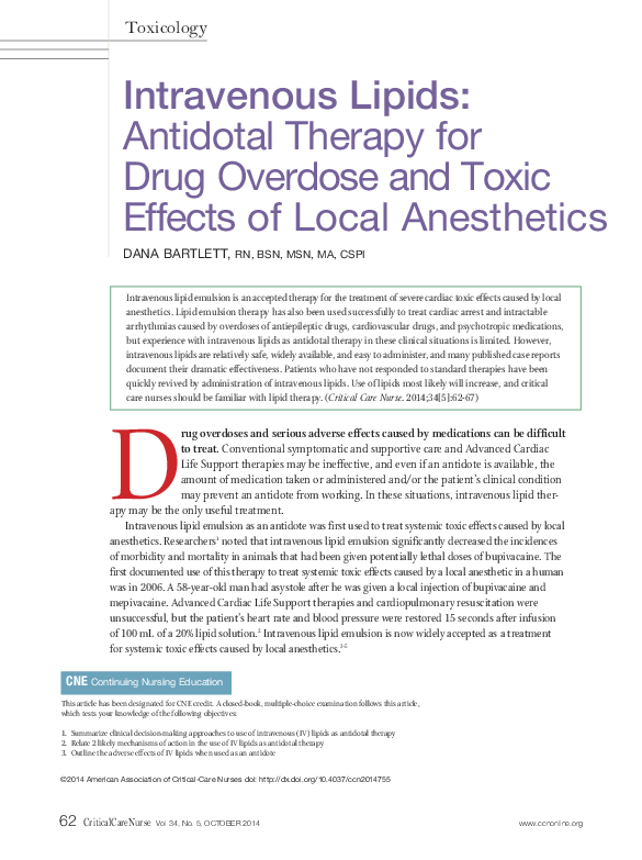 (PDF) Intravenous lipids antidotal therapy for drug overdose and toxic