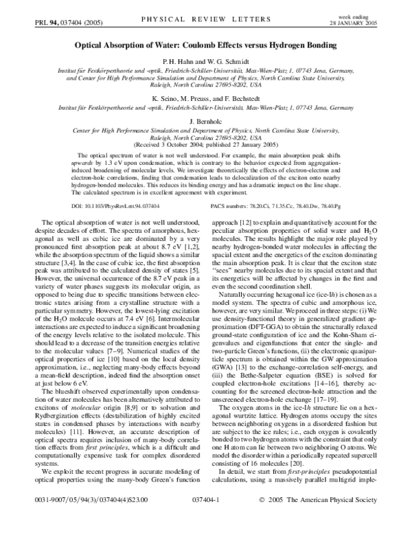 (PDF) Optical Absorption of Water: Coulomb Effects versus Hydrogen Bonding