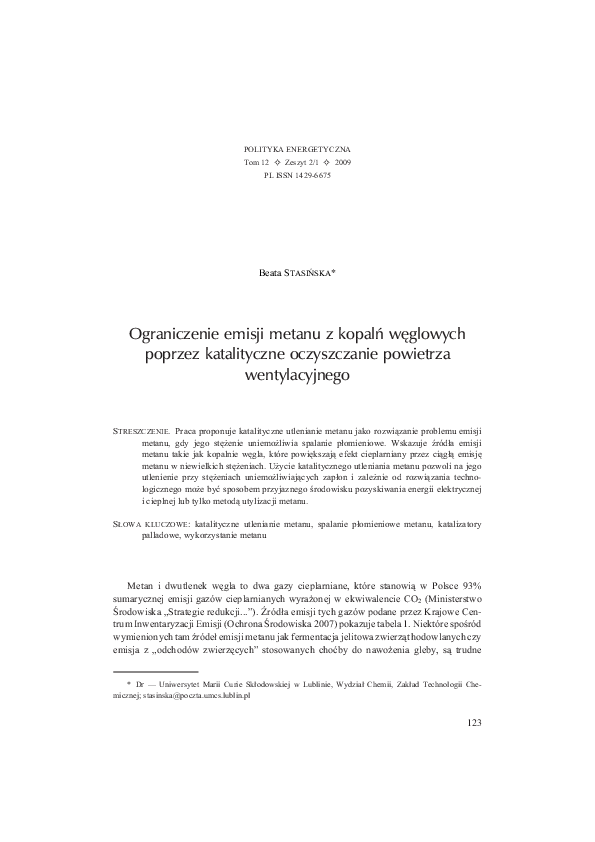 Ograniczenie emisji metanu z kopalń węglowych poprzez katalityczne oczyszczanie powietrza wentylacyjnego, Polityka Energetyczna T 12 (2/1), (2009) 123-132
