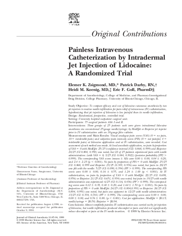 (PDF) Painless intravenous catheterization by intradermal jet injection