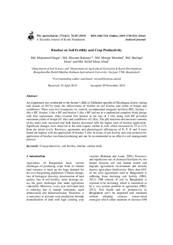 (PDF) Biochar on Soil Fertility and Crop Productivity