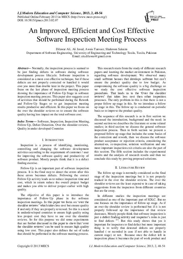 (PDF) An Improved, Efficient and Cost Effective Software Inspection ...