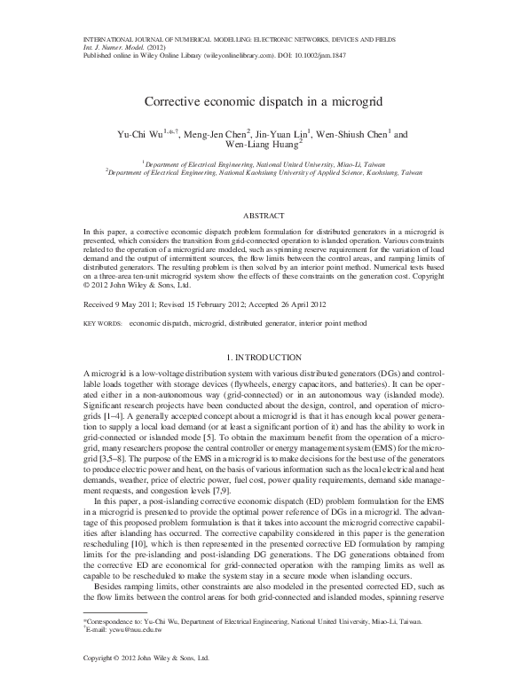 (PDF) Corrective economic dispatch in a microgrid