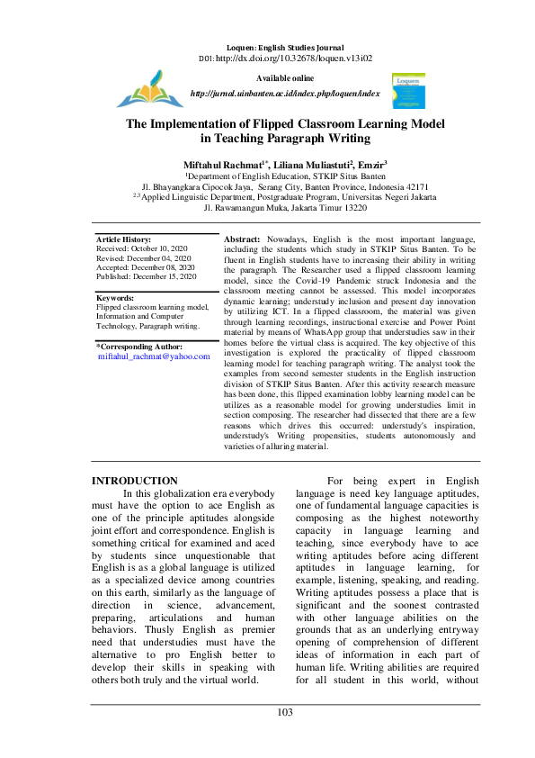 (PDF) The Implementation of Flipped Classroom Learning Model in ...