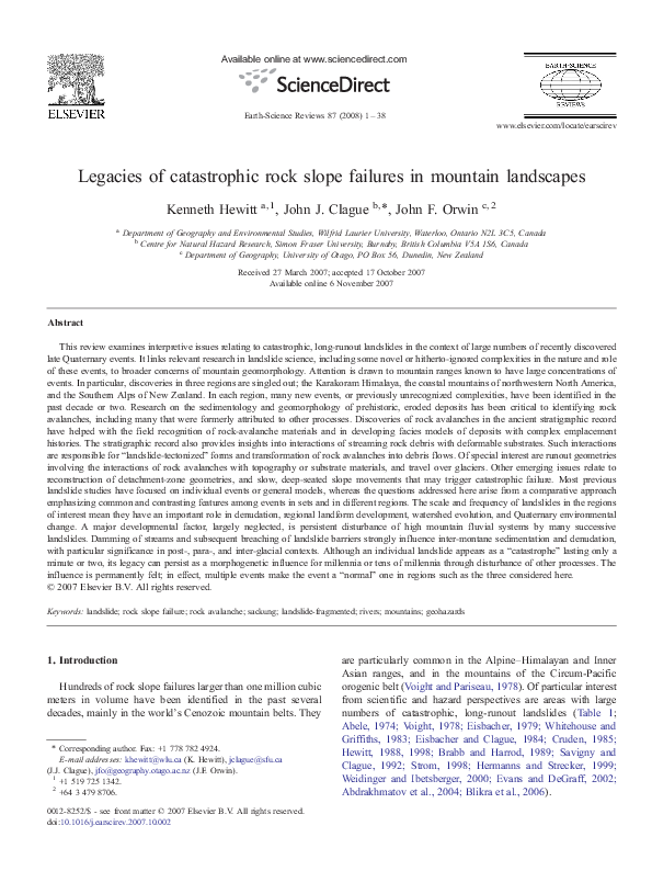 (PDF) Legacies of catastrophic rock slope failures in mountain landscapes