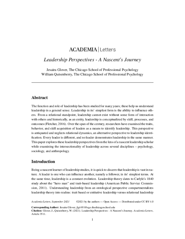 (PDF) Leadership Perspectives A Nascent's Journey William