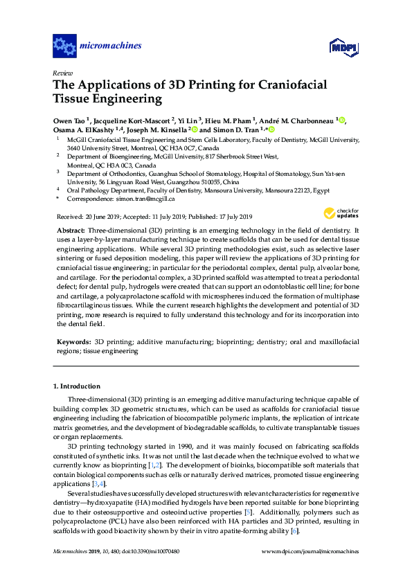(PDF) The Applications of 3D Printing for Craniofacial Tissue Engineering