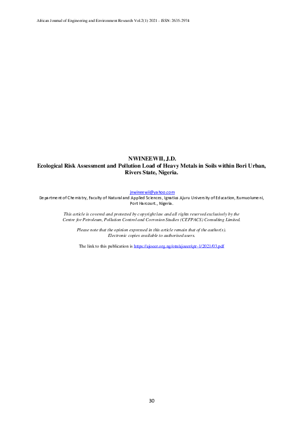 (PDF) Ecological Risk Assessment and Pollution Load of Heavy Metals in ...