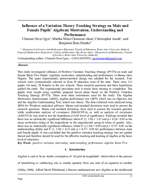 (DOC) Influence of a Variation Theory Teaching Strategy on Male and ...