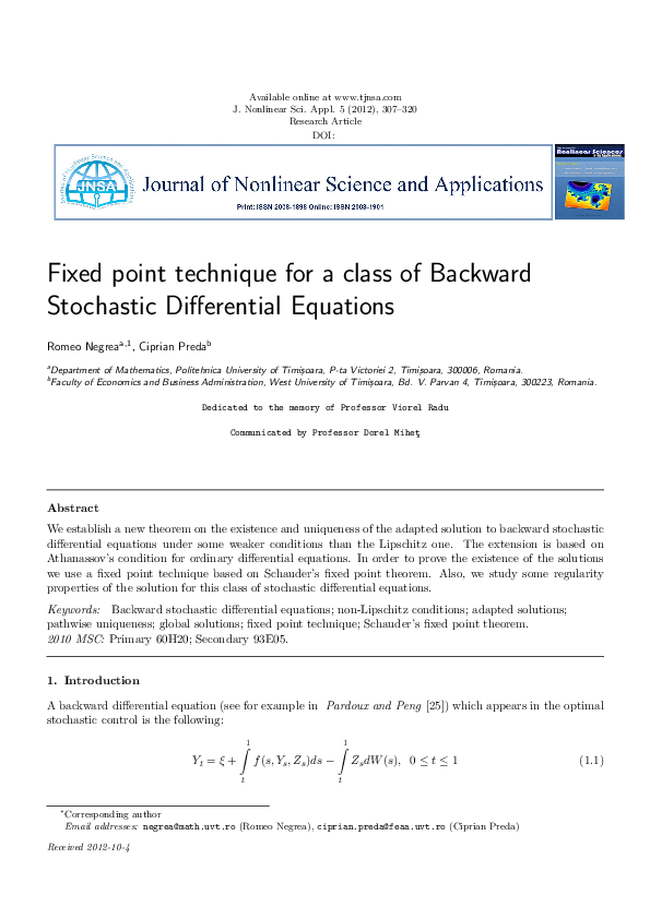 (PDF) Fixed point technique for a class of backward stochastic ...