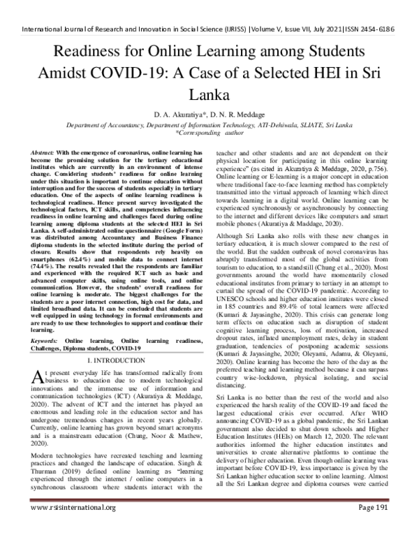(PDF) Readiness for Online Learning among Students Amidst COVID-19: A ...