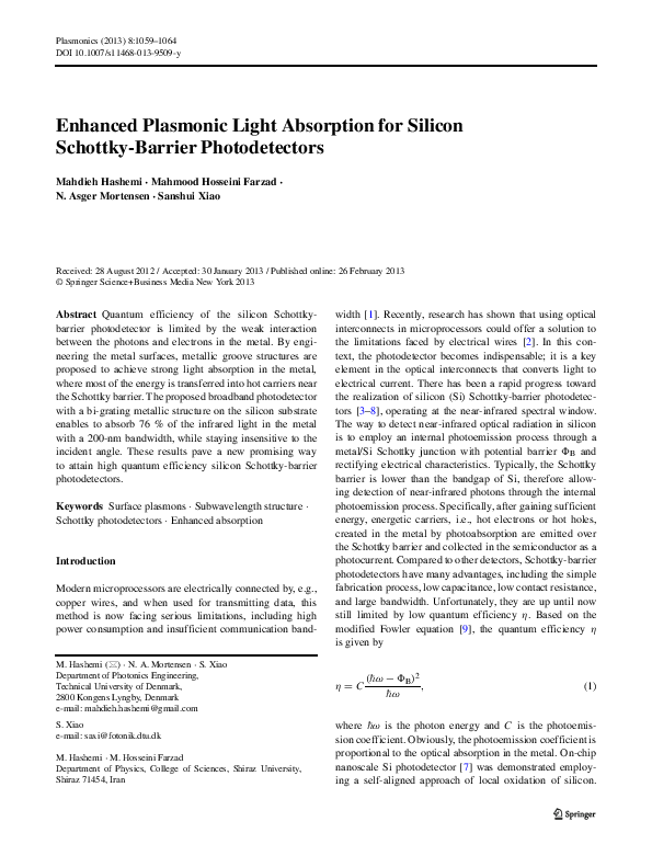 (PDF) Enhanced Plasmonic Light Absorption for Silicon Schottky-Barrier ...