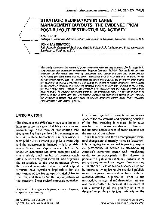 (PDF) Strategic redirection in large management buyouts: The evidence ...