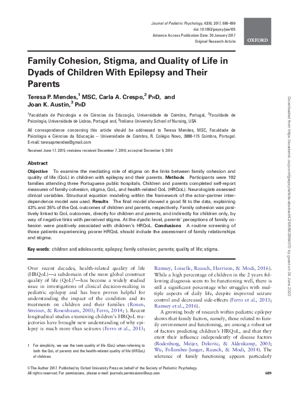 (PDF) Family Cohesion, Stigma, and Quality of Life in Dyads of Children ...