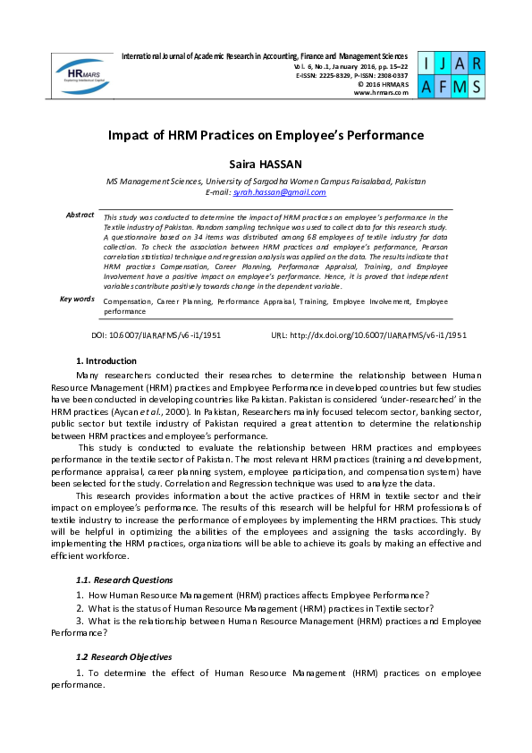 (PDF) Impact of HRM Practices on Employeeâ s Performance