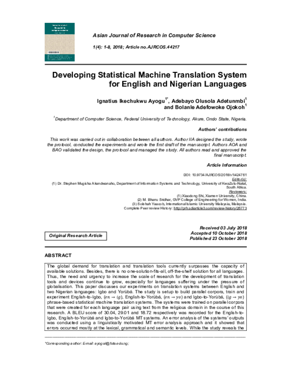 (PDF) Developing Statistical Machine Translation System for English and ...