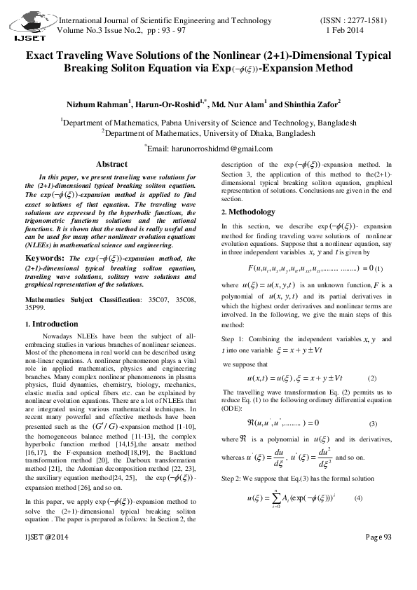 (PDF) Exact Traveling Wave Solutions of the Nonlinear (2+1)-Dimensional ...