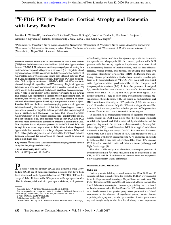 (PDF) (18)F-FDG PET in Posterior Cortical Atrophy and Dementia with ...