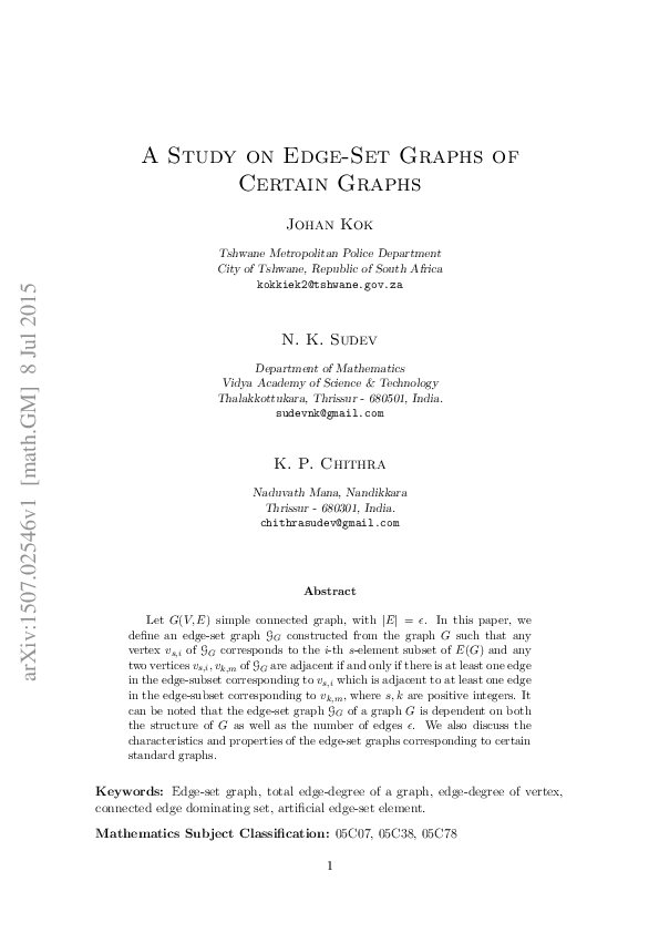 (PDF) A Study on Edge-Set Graphs of Certain Graphs