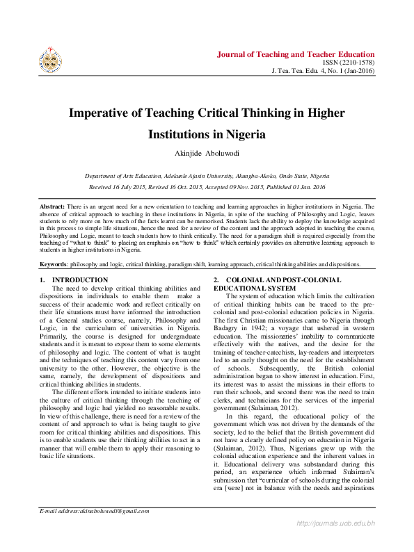 (PDF) Imperative of Teaching Critical Thinking in Higher Institutions ...