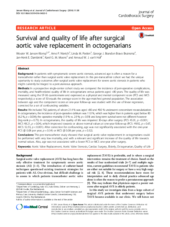 (PDF) Survival and quality of life after surgical aortic valve ...