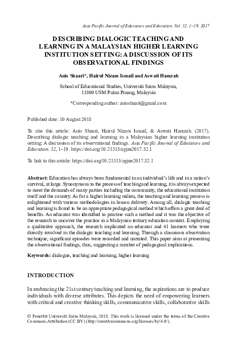 (PDF) Describing Dialogic Teaching and Learning in a Malaysian Higher ...
