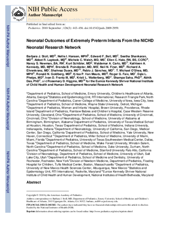 (PDF) Neonatal outcomes of extremely preterm infants from the NICHD ...
