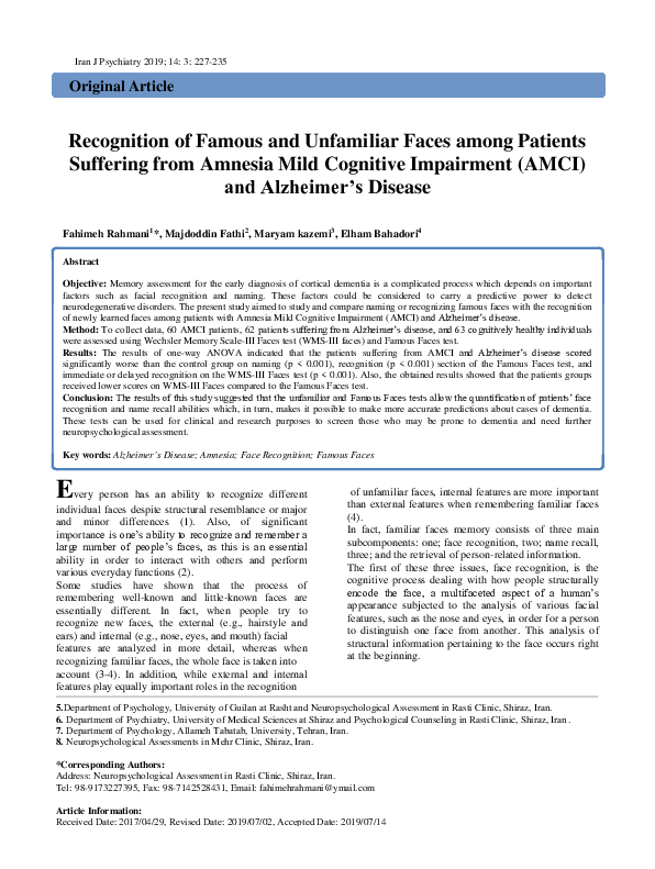(PDF) Recognition of Famous and Unfamiliar Faces among Patients ...