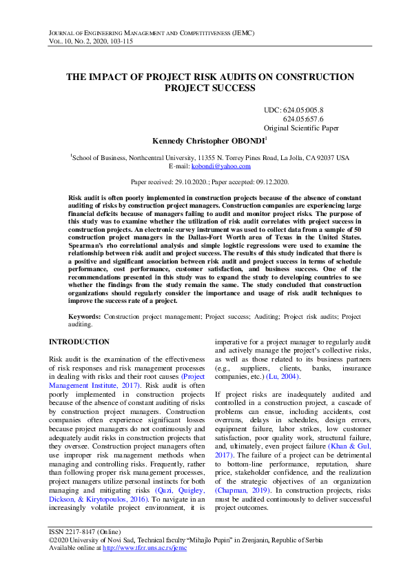 (PDF) The impact of project risk audits on construction project success