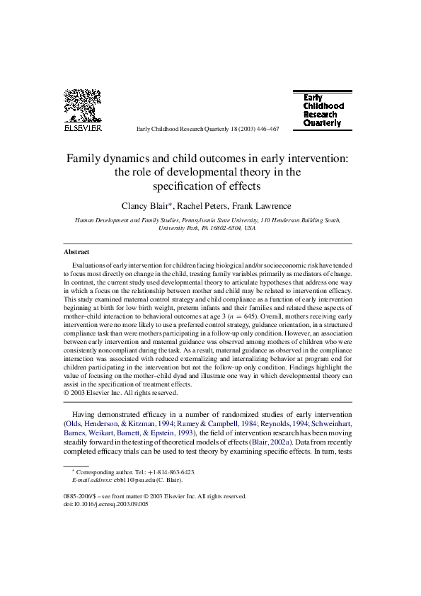 (PDF) Family dynamics and child outcomes in early intervention: the ...