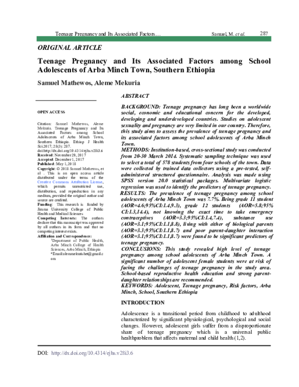 (PDF) Teenage Pregnancy and Its Associated Factors among School ...