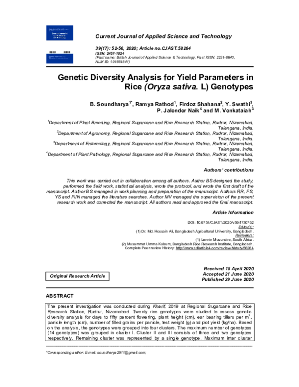 (PDF) Genetic Diversity Analysis for Yield Parameters in Rice (Oryza ...