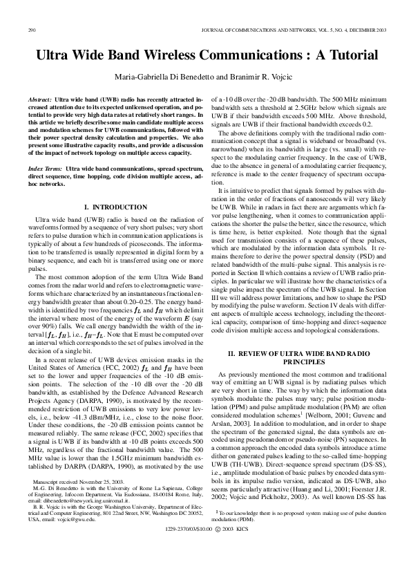(PDF) Ultra wide band wireless communications: A tutorial