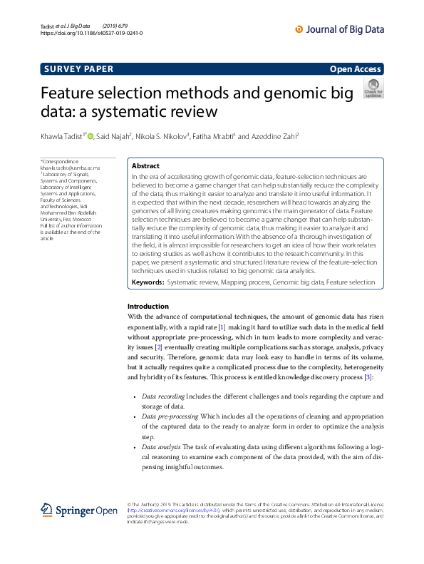 (PDF) Feature selection methods and genomic big data: a systematic review
